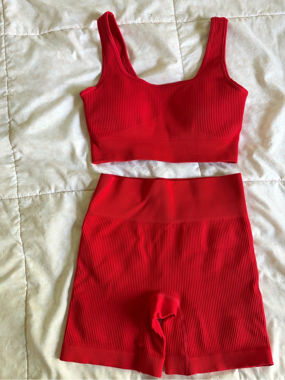 Red Ribbed High-Waist shorts & crop top- Women's Stretch Ribbed Set